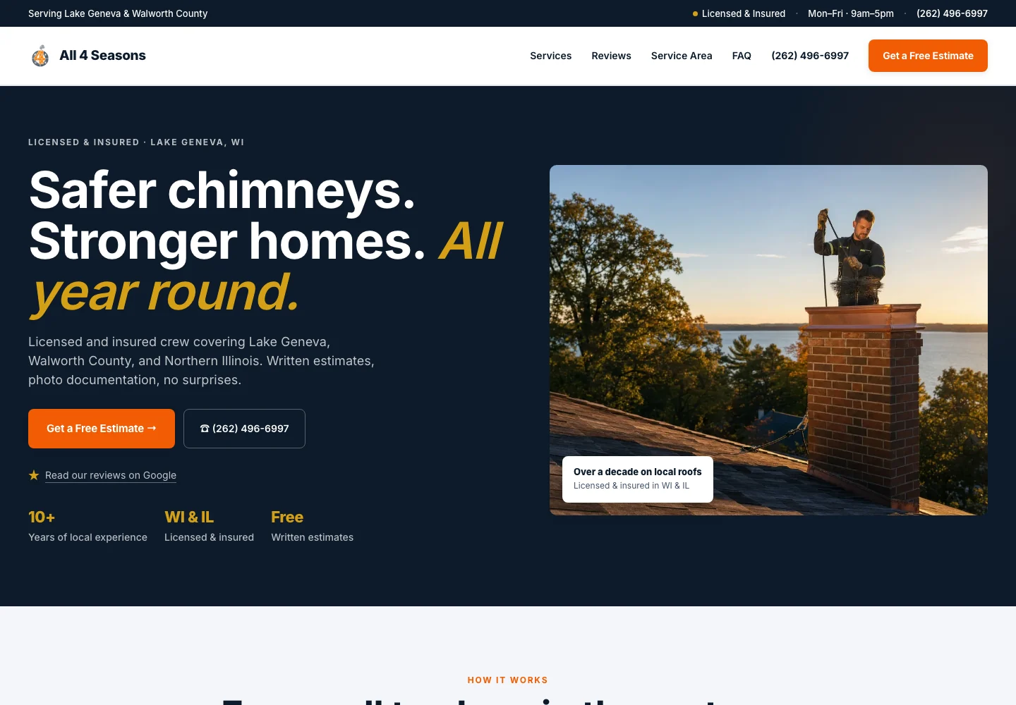 All4Seasons Chimney Sweep website, showing its local chimney services and estimate request.