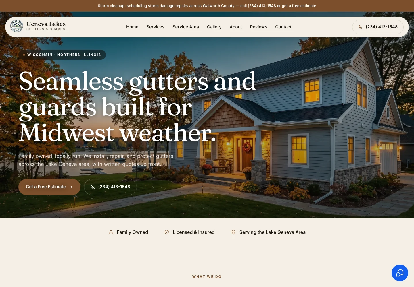 Geneva Lakes Gutters & Guards website, showing gutter services and a free estimate request.